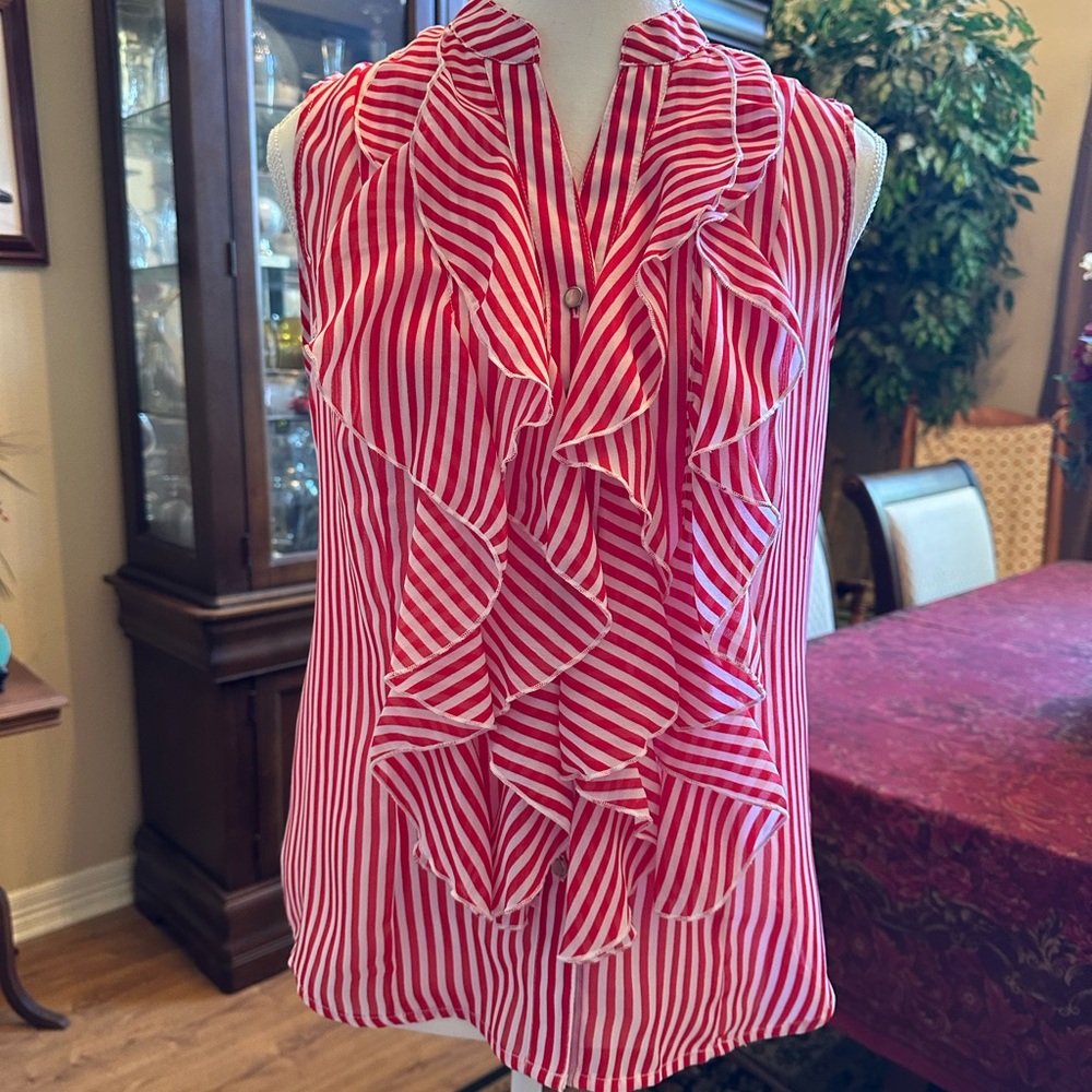 Versona Red and White Striped Ruffle Sleeveless Top